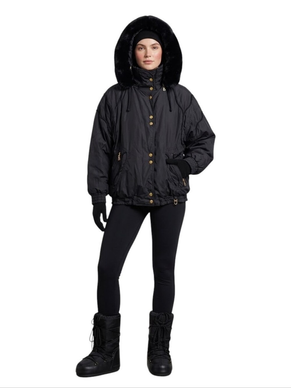 Vintage Bogner Ski Jacket Womens Size 8 Black Faux Fur Hooded Winter Coat USA